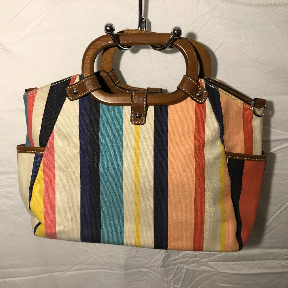 Pastels and Navy Canvas Bag with Wooden Handles - Picture 2 of 11